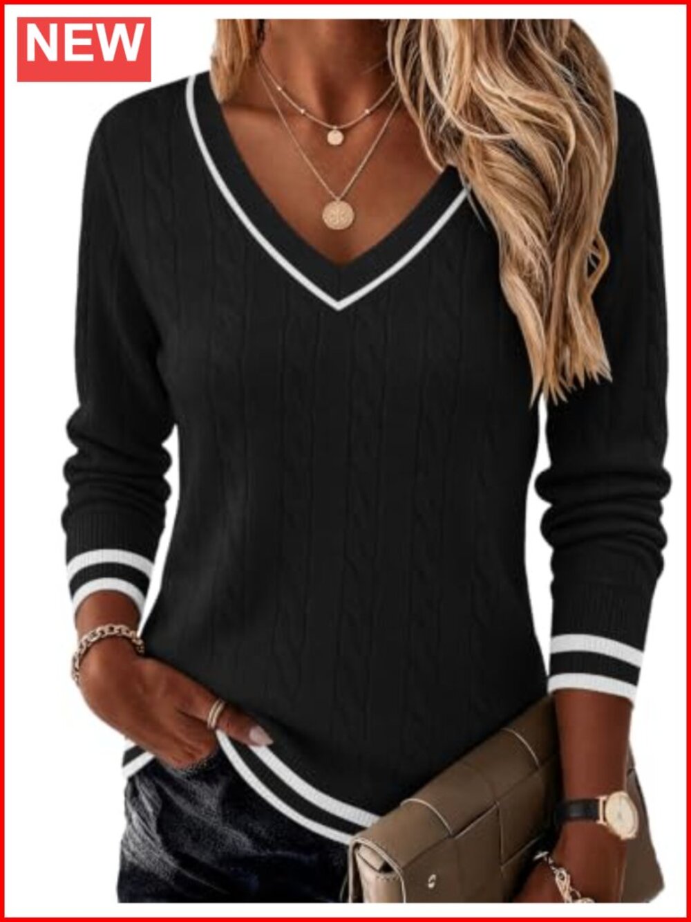 Cable Knit V Neck Pullover Sweater Long Sleeve Ribbed Trim Casual Fall